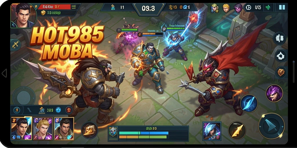 Screenshot gameplay HOT985 menampilkan aksi seru di arena MOBA.