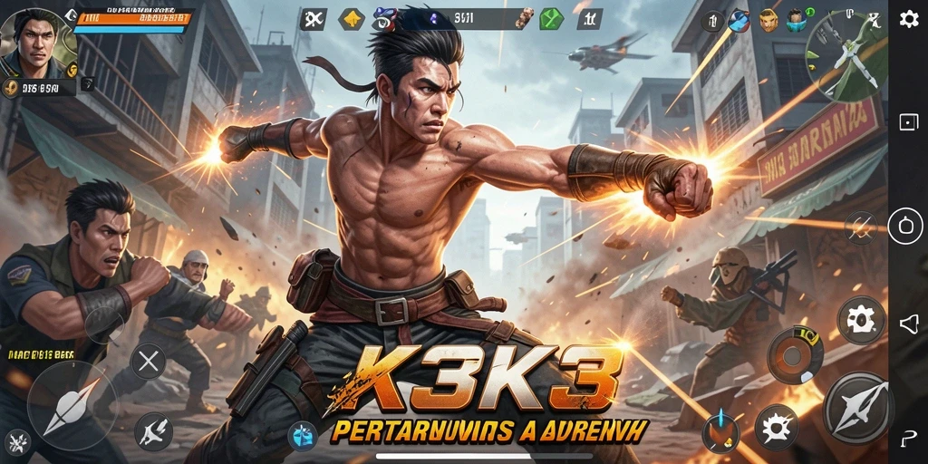 Tampilan gameplay seru di K3K3 saat karakter bertarung di arena yang dinamis.