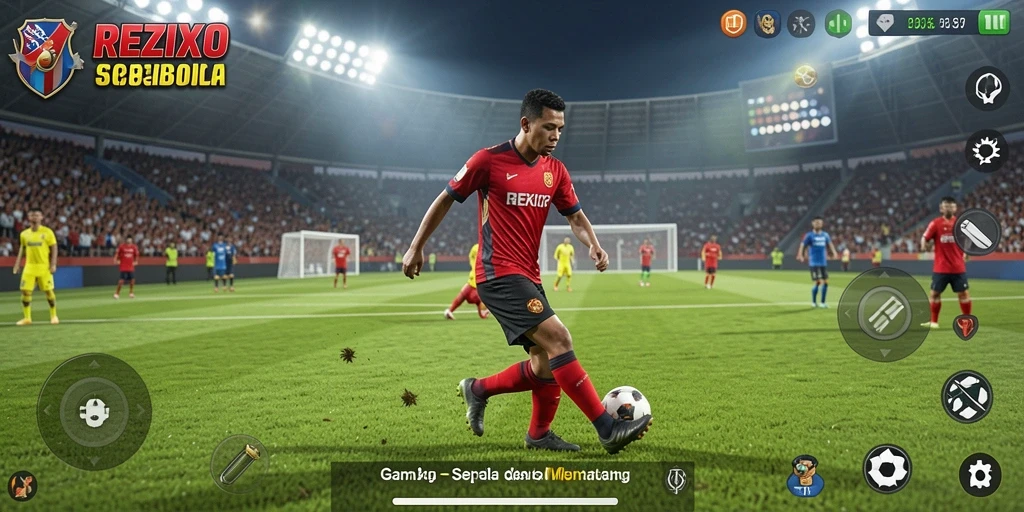 Tampilan gameplay seru dari REZIXO dengan aksi sepak bola yang mendebarkan.